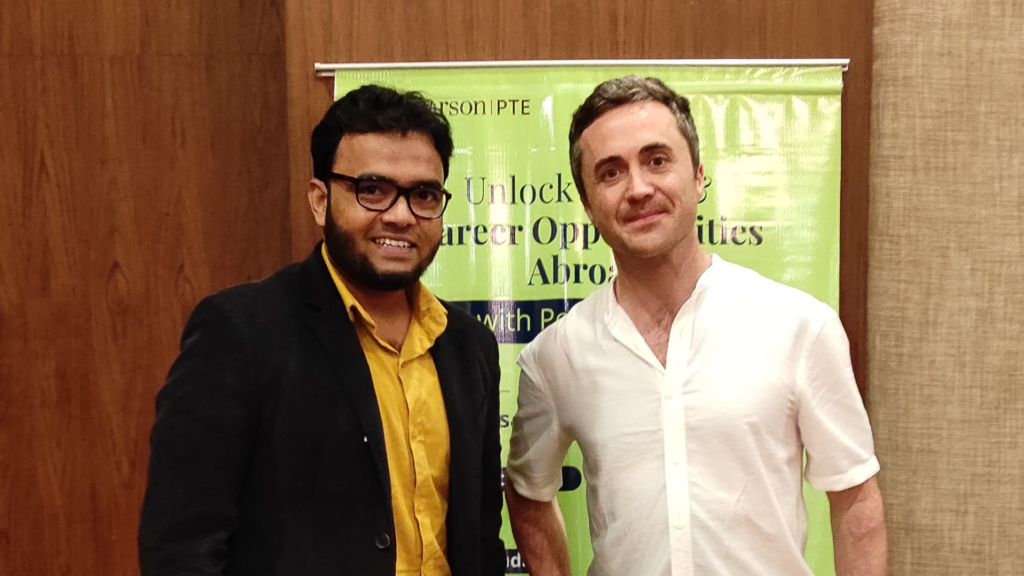 With a Pearson PTE representative at an "Unlock Career Opportunities Abroad" event